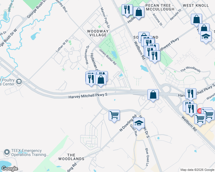 map of restaurants, bars, coffee shops, grocery stores, and more near 1198 Jones-Butler Road in College Station