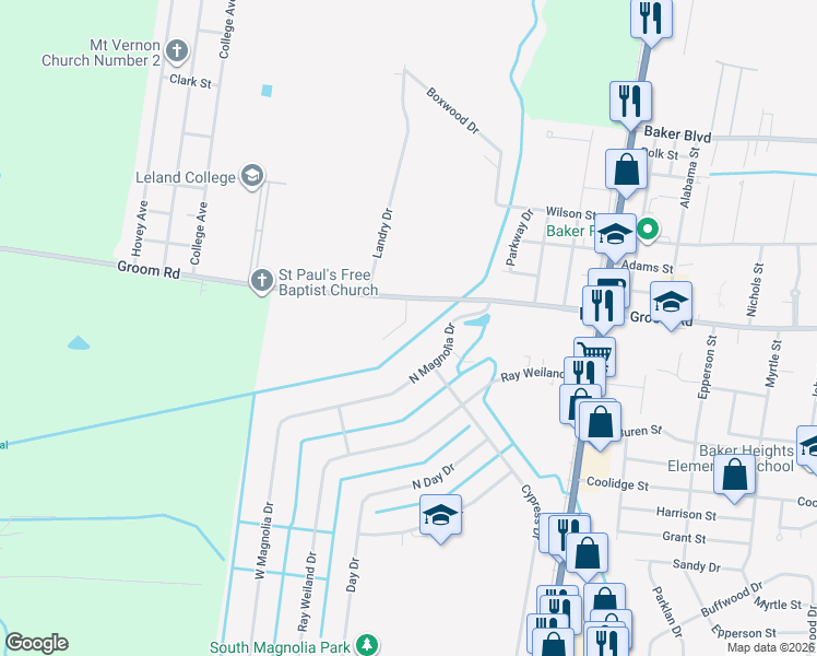 map of restaurants, bars, coffee shops, grocery stores, and more near 1024 Southwest Drive in Baker