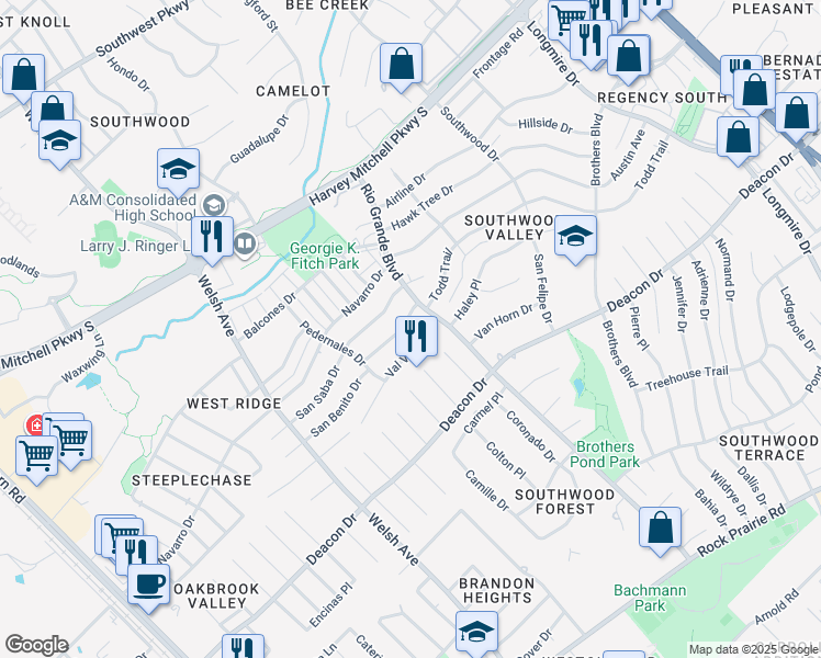 map of restaurants, bars, coffee shops, grocery stores, and more near 1011 Val Verde Drive in College Station