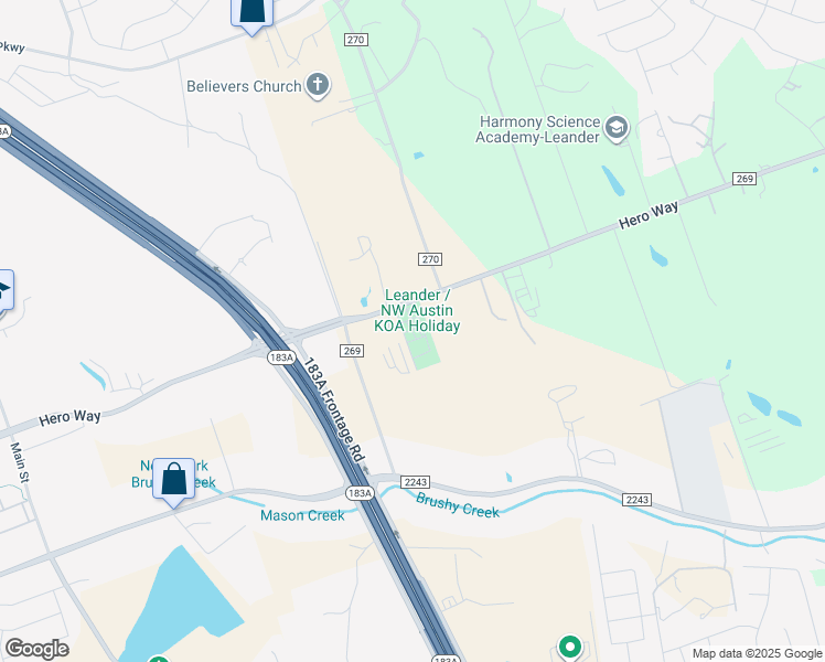 map of restaurants, bars, coffee shops, grocery stores, and more near 2689 Hero Way in Leander