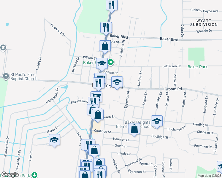 map of restaurants, bars, coffee shops, grocery stores, and more near 3200 Groom Road in Baker