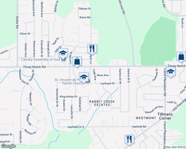 map of restaurants, bars, coffee shops, grocery stores, and more near 6550 Rose Avenue in Mobile