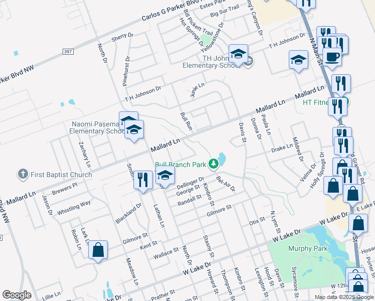 map of restaurants, bars, coffee shops, grocery stores, and more near 2706 Sunny Lane in Taylor