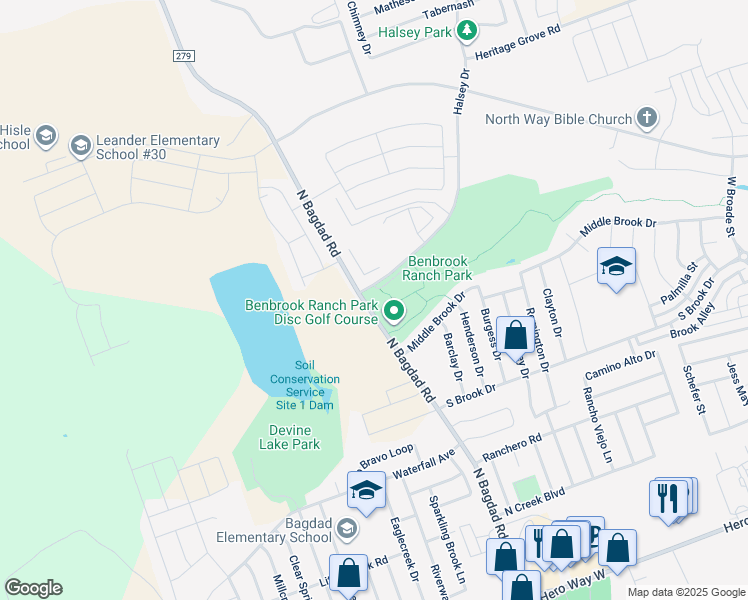 map of restaurants, bars, coffee shops, grocery stores, and more near 1100 Halsey Drive in Leander