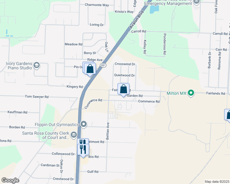 map of restaurants, bars, coffee shops, grocery stores, and more near 5829 Fairlands Road in Milton