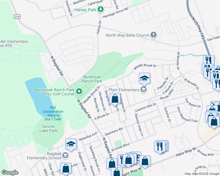 map of restaurants, bars, coffee shops, grocery stores, and more near 811 Middle Brook Drive in Leander