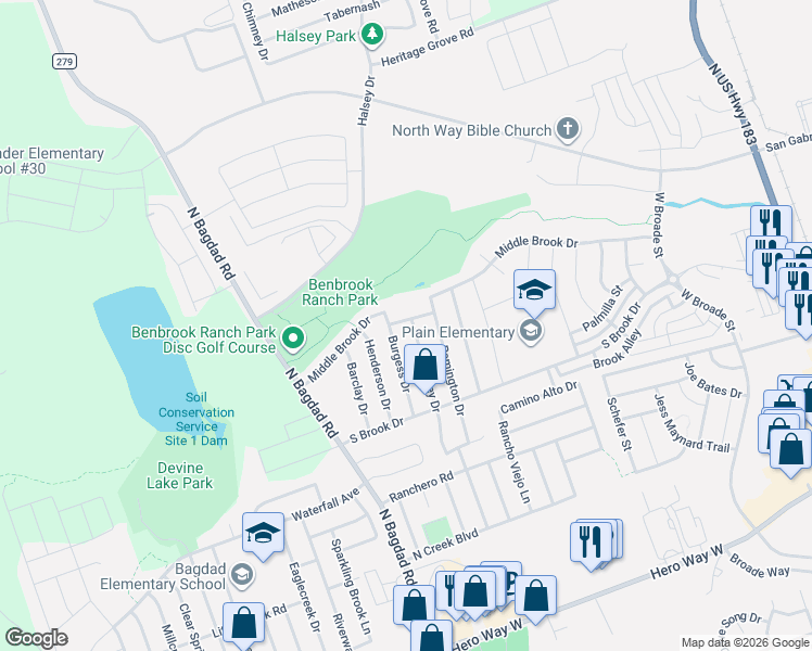 map of restaurants, bars, coffee shops, grocery stores, and more near 811 Middle Brook Drive in Leander