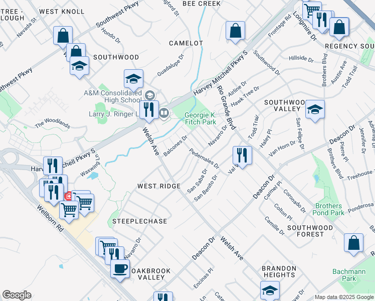 map of restaurants, bars, coffee shops, grocery stores, and more near 811 San Pedro Drive in College Station