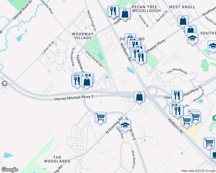 map of restaurants, bars, coffee shops, grocery stores, and more near Jones-Butler Road in College Station