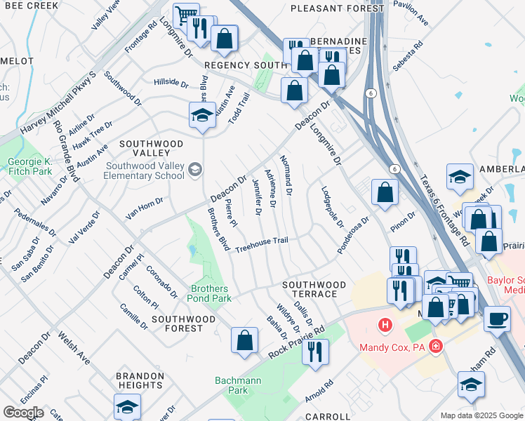 map of restaurants, bars, coffee shops, grocery stores, and more near 2901 Jennifer Drive in College Station