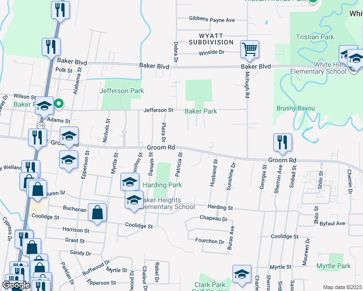 map of restaurants, bars, coffee shops, grocery stores, and more near 4201 Groom Road in Baker