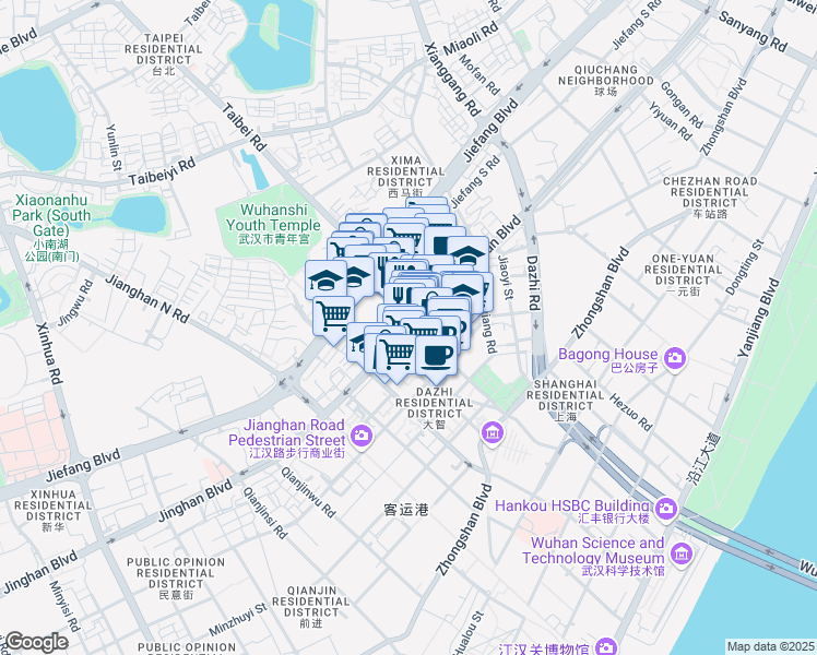 map of restaurants, bars, coffee shops, grocery stores, and more near Jing Han Da Dao in Wu Han Shi