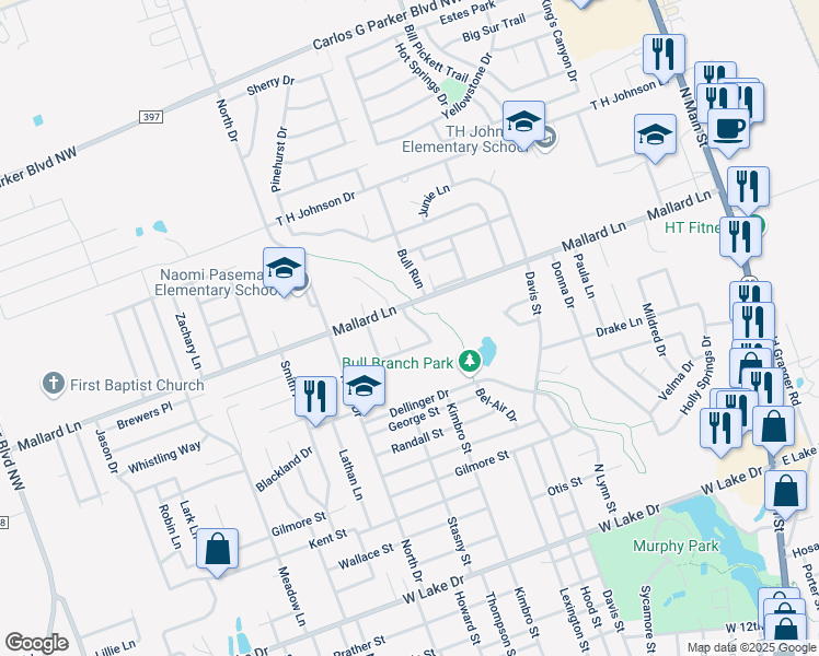map of restaurants, bars, coffee shops, grocery stores, and more near 2706 Sunny Lane in Taylor