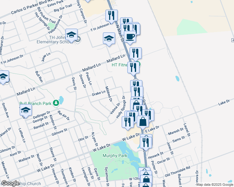 map of restaurants, bars, coffee shops, grocery stores, and more near 302 Pin Tail Lane in Taylor