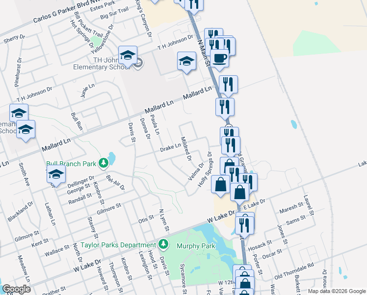 map of restaurants, bars, coffee shops, grocery stores, and more near 401 Drake Lane in Taylor