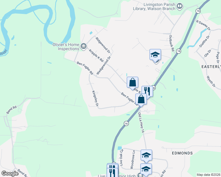 map of restaurants, bars, coffee shops, grocery stores, and more near 7918 Ben Fugler Road in Denham Springs