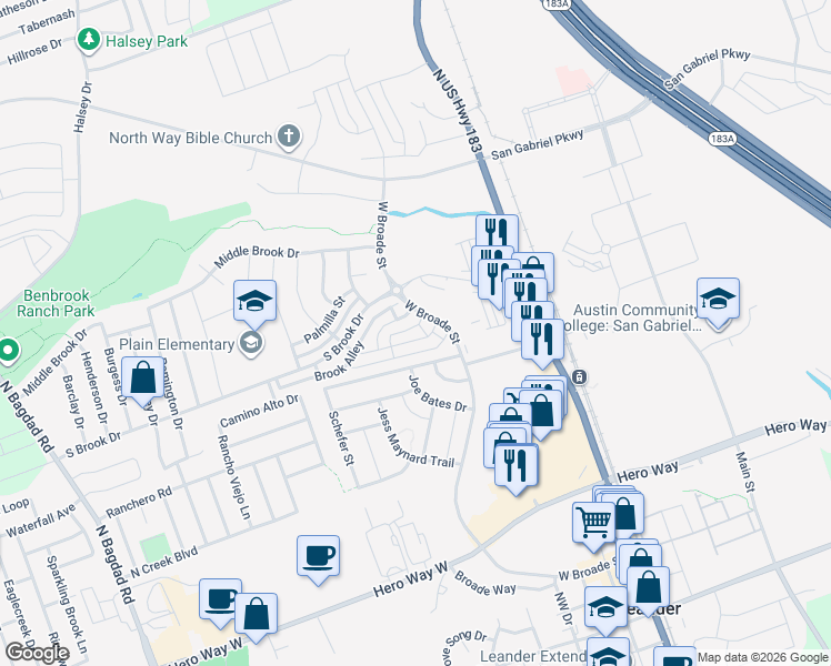 map of restaurants, bars, coffee shops, grocery stores, and more near 329 Canadian Springs Drive in Leander