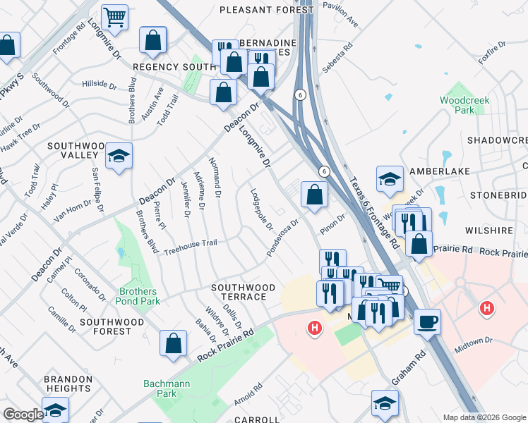 map of restaurants, bars, coffee shops, grocery stores, and more near 3007 Lodgepole Drive in College Station