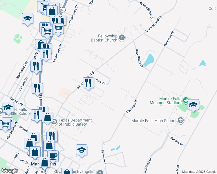 map of restaurants, bars, coffee shops, grocery stores, and more near 600 Amy Circle in Marble Falls