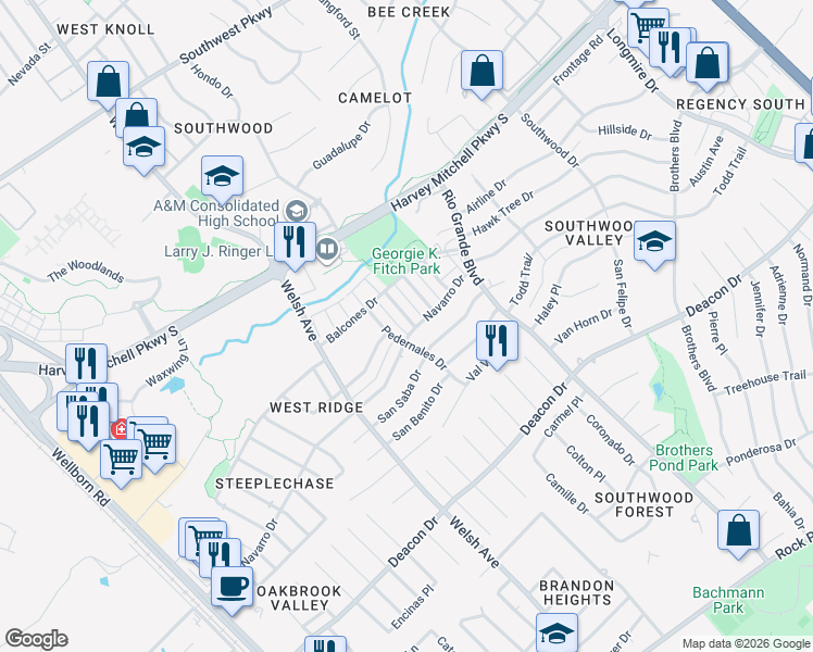 map of restaurants, bars, coffee shops, grocery stores, and more near 2409 Pedernales Drive in College Station