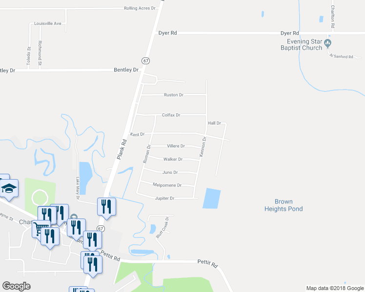 map of restaurants, bars, coffee shops, grocery stores, and more near 7238 Villere Drive in Baker