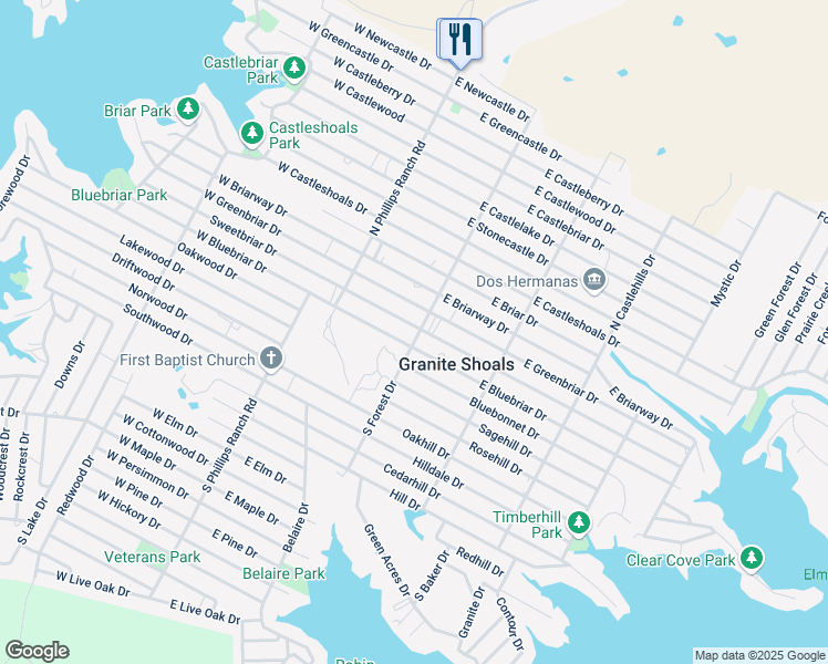 map of restaurants, bars, coffee shops, grocery stores, and more near 136 W Sweetbriar Dr in Marble Falls