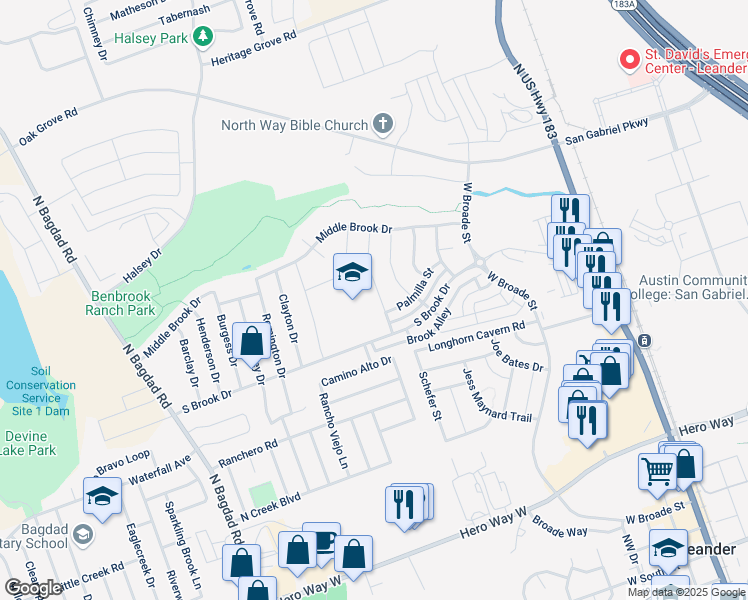map of restaurants, bars, coffee shops, grocery stores, and more near 941 Swan Flower Street in Leander