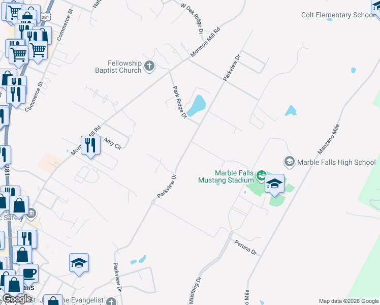 map of restaurants, bars, coffee shops, grocery stores, and more near 2305 Parkview Drive in Marble Falls