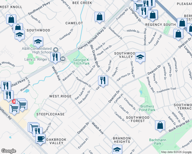 map of restaurants, bars, coffee shops, grocery stores, and more near 1002 San Saba Drive in College Station