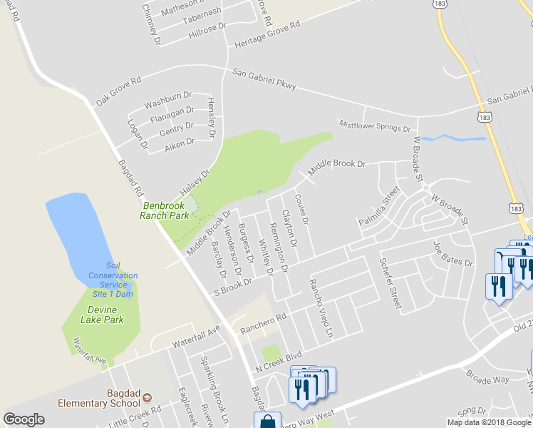 map of restaurants, bars, coffee shops, grocery stores, and more near 1119 Remington Drive in Leander