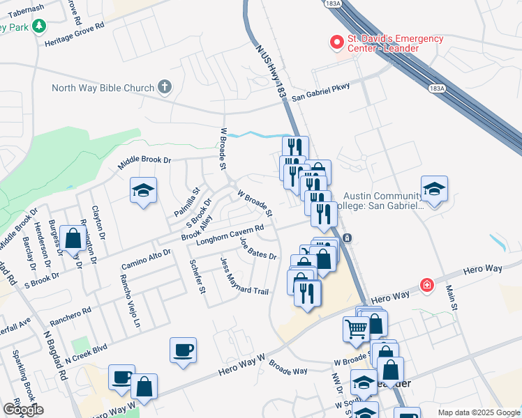 map of restaurants, bars, coffee shops, grocery stores, and more near 329 Canadian Springs Drive in Leander