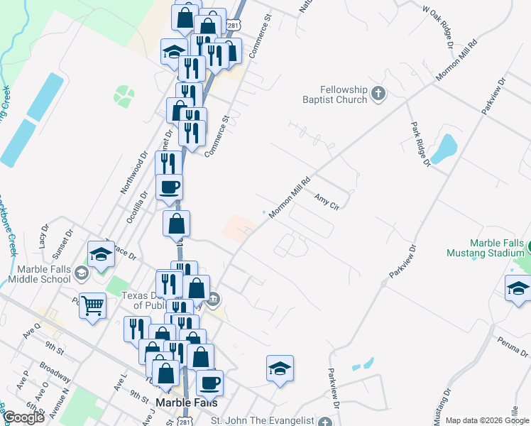 map of restaurants, bars, coffee shops, grocery stores, and more near 1002 Ridge Point Drive in Marble Falls