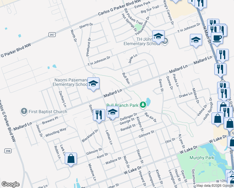 map of restaurants, bars, coffee shops, grocery stores, and more near 1403 Mallard Lane in Taylor