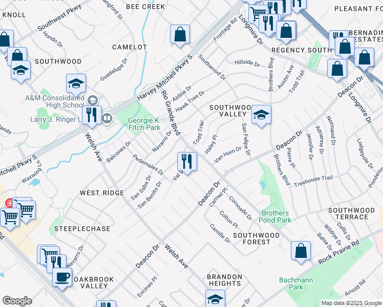 map of restaurants, bars, coffee shops, grocery stores, and more near 1011 Val Verde Drive in College Station