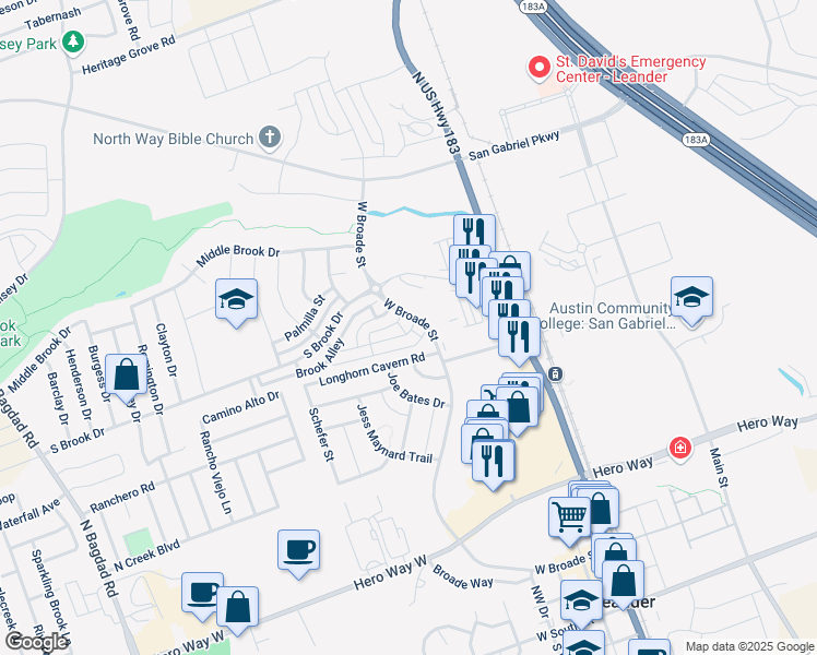 map of restaurants, bars, coffee shops, grocery stores, and more near 329 Canadian Springs Drive in Leander