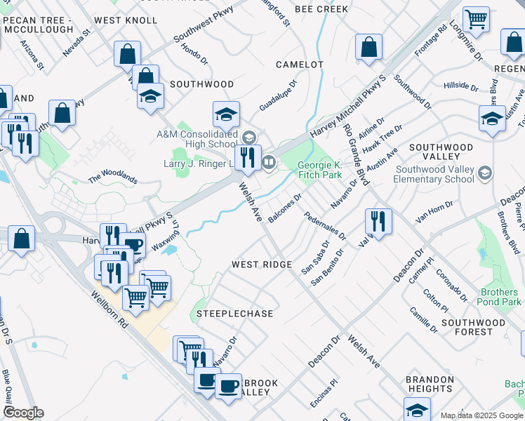 map of restaurants, bars, coffee shops, grocery stores, and more near 701a Balcones Drive in College Station