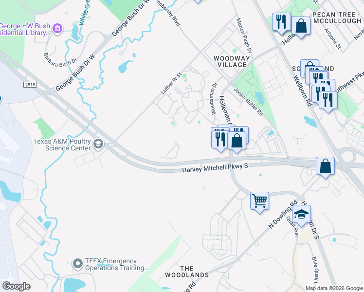 map of restaurants, bars, coffee shops, grocery stores, and more near 1315 Canyon Creek Circle in College Station