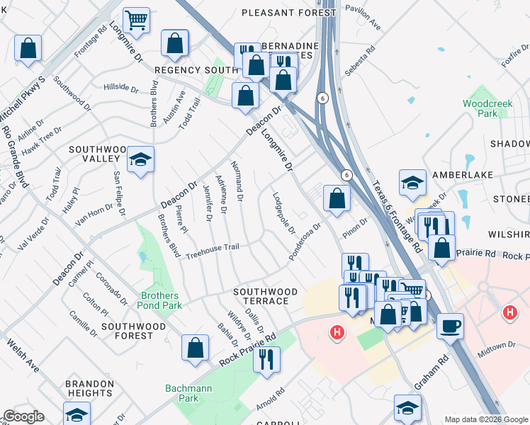 map of restaurants, bars, coffee shops, grocery stores, and more near 1606 Treehouse Trail in College Station