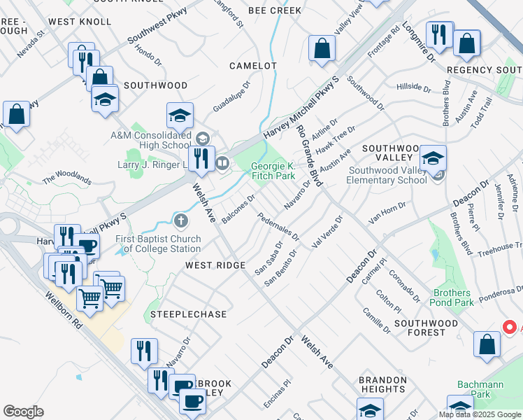 map of restaurants, bars, coffee shops, grocery stores, and more near 2407 Pedernales Drive in College Station