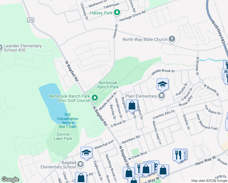 map of restaurants, bars, coffee shops, grocery stores, and more near 911 Middle Brook Drive in Leander