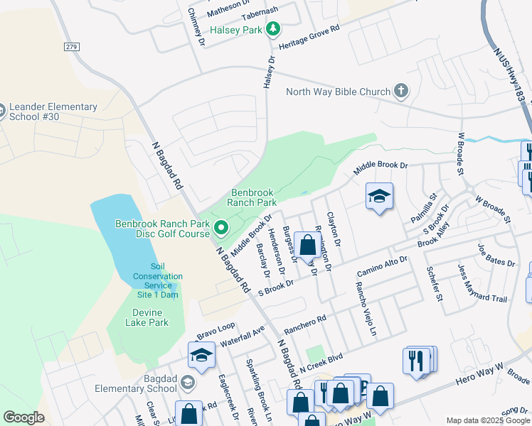 map of restaurants, bars, coffee shops, grocery stores, and more near 911 Middle Brook Drive in Leander