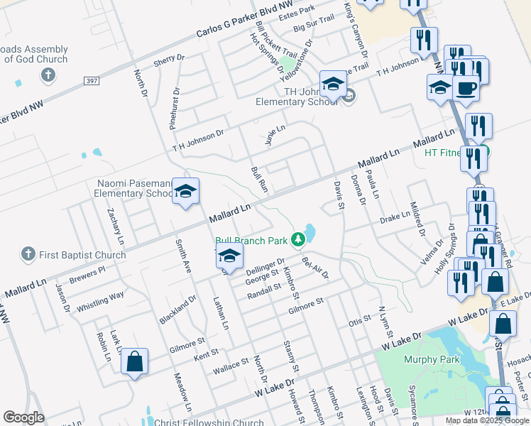 map of restaurants, bars, coffee shops, grocery stores, and more near 2706 Sunny Lane in Taylor