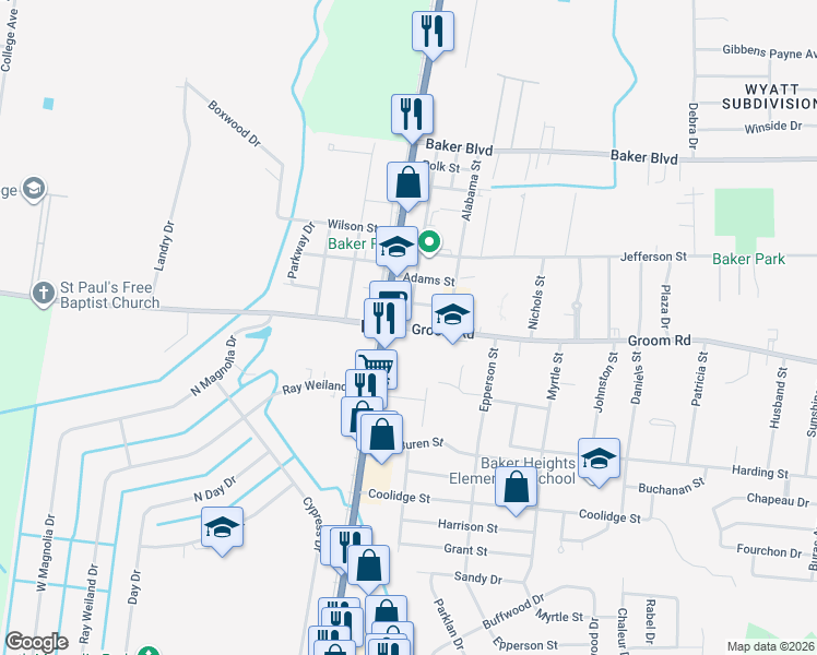 map of restaurants, bars, coffee shops, grocery stores, and more near 3200 Groom Road in Baker