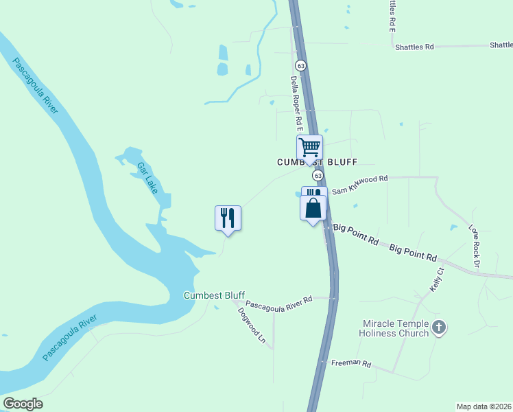 map of restaurants, bars, coffee shops, grocery stores, and more near 2633-2803 Cumbest Bluff Road in Moss Point