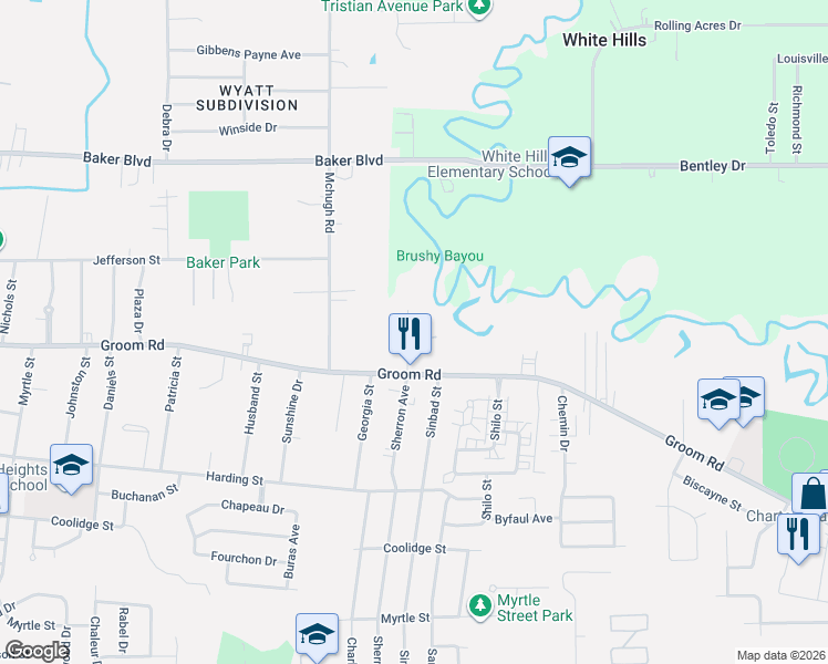 map of restaurants, bars, coffee shops, grocery stores, and more near 1306 Hazeloak Drive in Baker