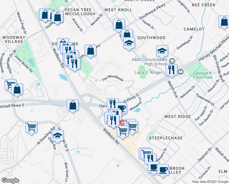 map of restaurants, bars, coffee shops, grocery stores, and more near 1725 Harvey Mitchell Parkway South in College Station