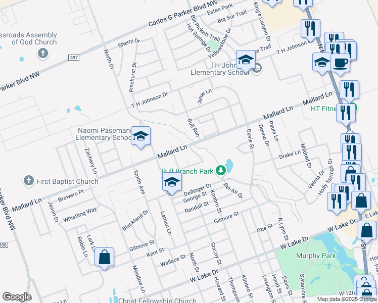 map of restaurants, bars, coffee shops, grocery stores, and more near 2706 Sunny Lane in Taylor