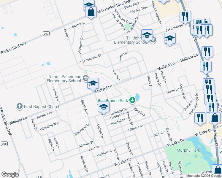 map of restaurants, bars, coffee shops, grocery stores, and more near 1403 Mallard Lane in Taylor