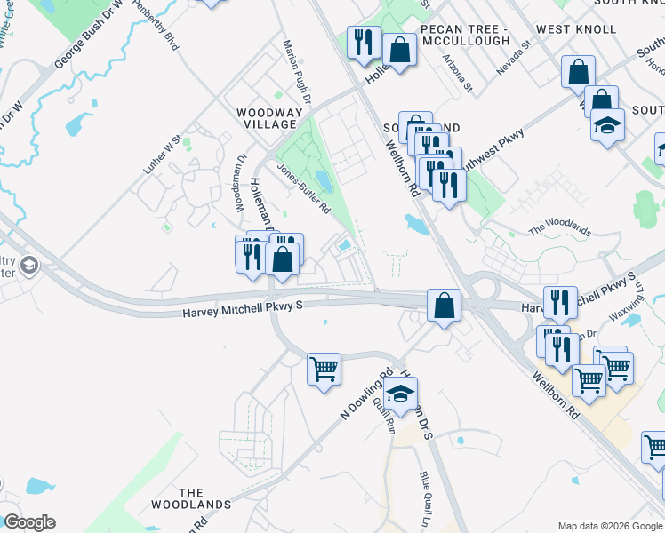 map of restaurants, bars, coffee shops, grocery stores, and more near Jones-Butler Road in College Station