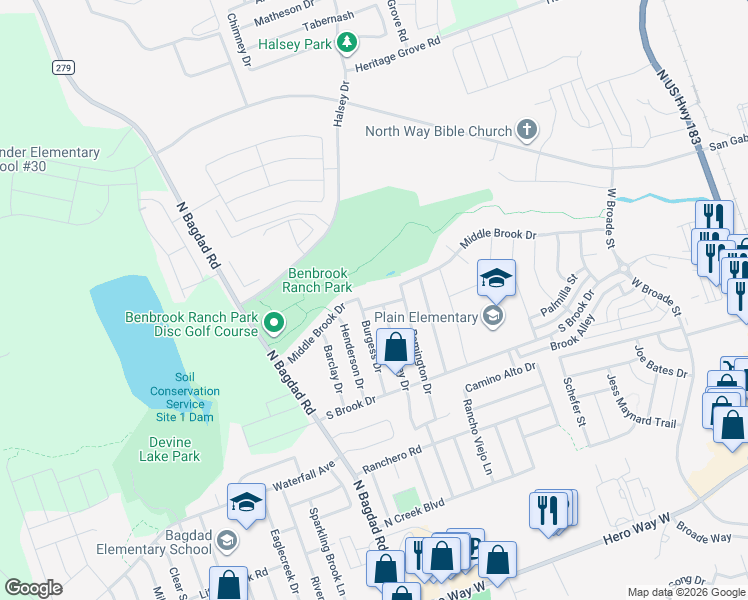 map of restaurants, bars, coffee shops, grocery stores, and more near 811 Middle Brook Drive in Leander